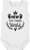 Baby Rompertje met tekst 'New to this world' | mouwloos l | wit zwart | maat 62/68 | cadeau | Kraamcadeau | Kraamkado