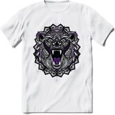 Beer - Dieren Mandala T-Shirt | Paars | Grappig Verjaardag Zentangle Dierenkop Cadeau Shirt | Dames - Heren - Unisex | Wildlife Tshirt Kleding Kado | - Wit - XXL