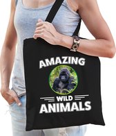 Katoenen tasje gorilla - zwart - volwassen + kind - amazing wild animals - boodschappentas/ gymtas/ sporttas - gorilla apen fan