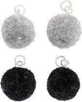 Pompon set 4 stuks voor sieraden of decoratie zwart en grijs mix 15mm met zilverkleurig oog
