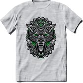 Wolf - Dieren Mandala T-Shirt | Groen | Grappig Verjaardag Zentangle Dierenkop Cadeau Shirt | Dames - Heren - Unisex | Wildlife Tshirt Kleding Kado | - Licht Grijs - Gemaleerd - M