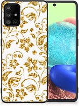 Back Cover Siliconen Hoesje Geschikt voor Samsung Galaxy A71 Telefoonhoesje met Zwarte rand Gouden Bloemen