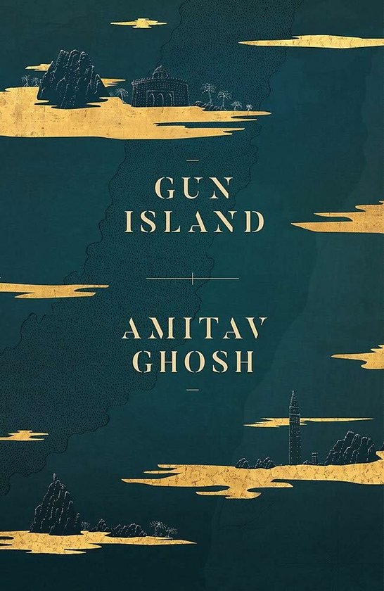 Boekcover van "Gun Island" van Amitav Ghosh met een abstracte gouden en donkerblauwe achtergrond die eilanden en gebouwen voorstelt.