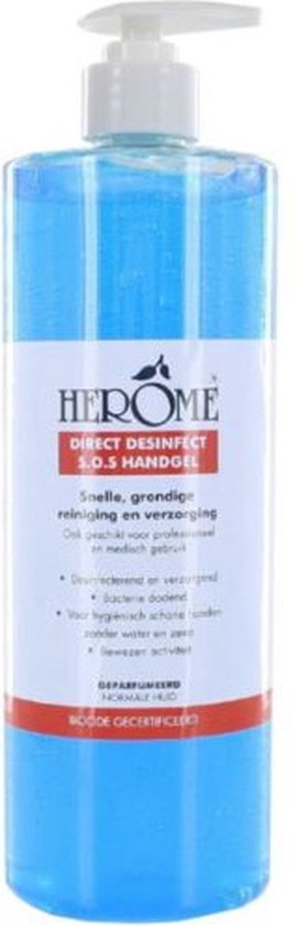 Herome Direct Desinfect Handgel Double Active flacon met pomp - Desinfecterende Handgel met 80% alcohol – beschermt tegen bateriën en droogt de handen niet uit - 1000ml. - Herome