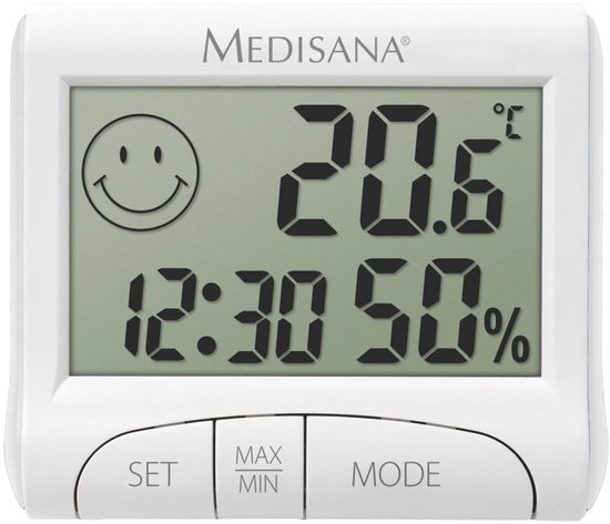 Witte Medisana thermometer met digitale weergave van 20.6°C, 12:30 en 50% luchtvochtigheid. Met smiley-icoon.
