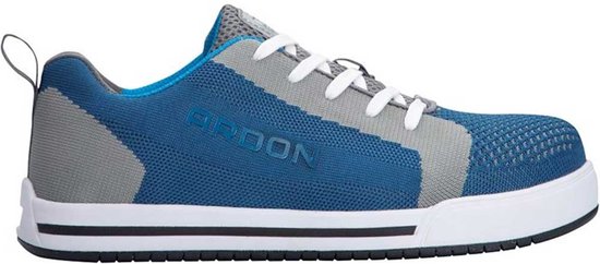 Blauwe en grijze Ardon werkschoen met witte veters en zool.