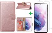 Samsung S21 FE hoesje bookcase Rose Goud - Samsung Galaxy S21 FE hoesje portemonnee boek case - S21 FE book case hoes cover - Galaxyt S21 FE screenprotector / 2X tempered glass