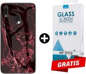 Backcover Marmerlook Hoesje Samsung Galaxy A40 Rood - Gratis Screen Protector - Telefoonhoesje - Smartphonehoesje