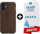 Backcover Hout Design Hoesje iPhone 12 Donkerbruin - Gratis Screen Protector - Telefoonhoesje - Smartphonehoesje