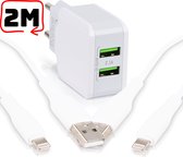 Universal USB Charger met 2x Lightning Kabel 2 Meter - 2x USB-A Poorten en 2.1A Snellader - Extra Sterke Oplader Kabel voor iPhone en iPad