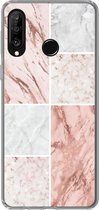 Geschikt voor Huawei P30 Lite hoesje - Marmer print - Wit - Rosé - Siliconen Telefoonhoesje