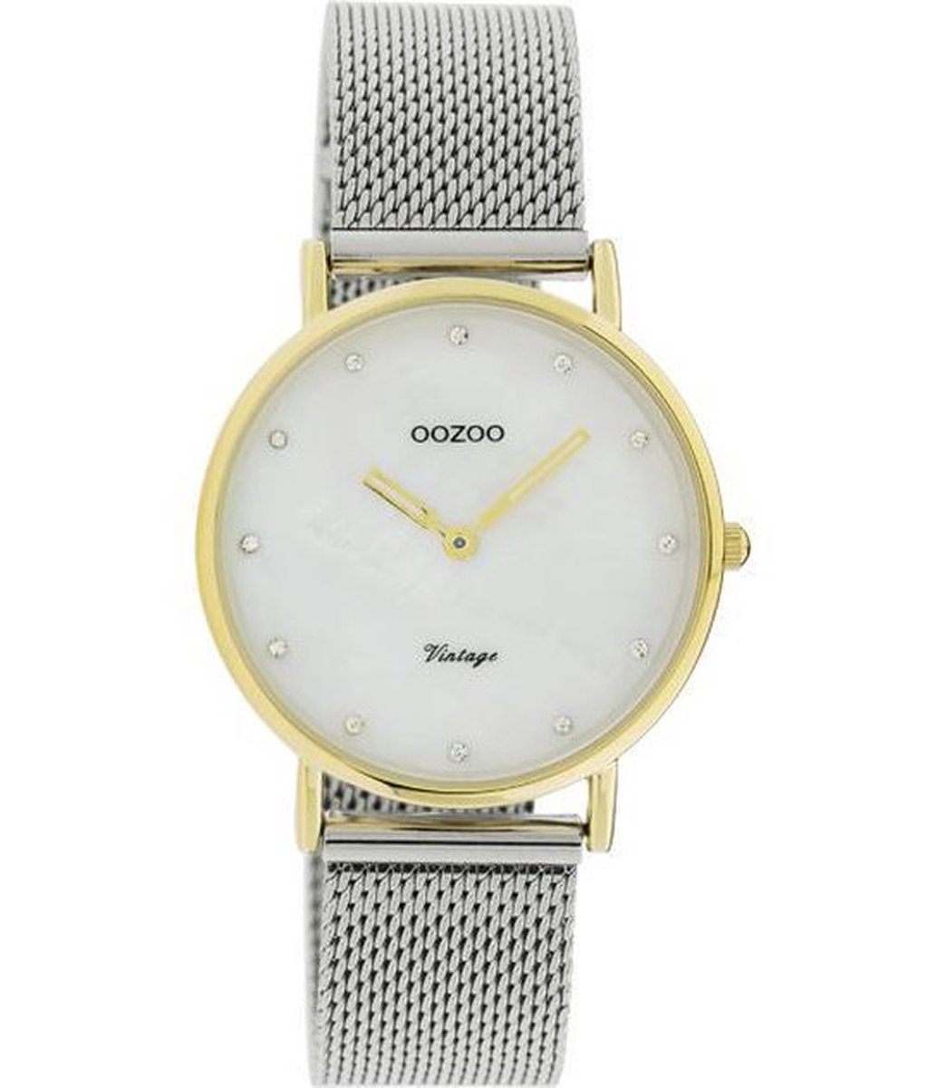 OOZOO Vintage series - Gouden horloge met zilveren metalen mesh armband - C20120 - Ø32