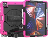 Geschikt voor iPad Pro 12.9 (2018 / 2020 / 2021) Tablet Kids case - Armor Case - Schermbeschermer - ShockProof - Handstrap - met Schouderband - Zwart / Roze - ZT Accessoires