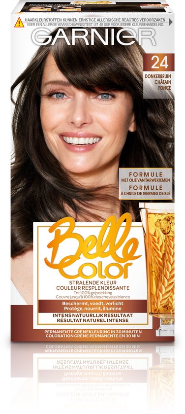 Garnier Belle Color 24 Donkerbruin haarkleuring met op doos een glimlachende vrouw met donkerbruin haar.