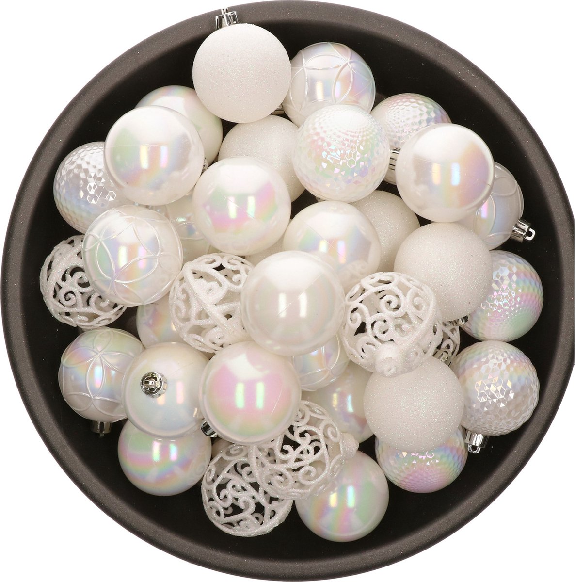 Parelmoer witte kunststof kerstballen, 37 stuks, D6 cm.