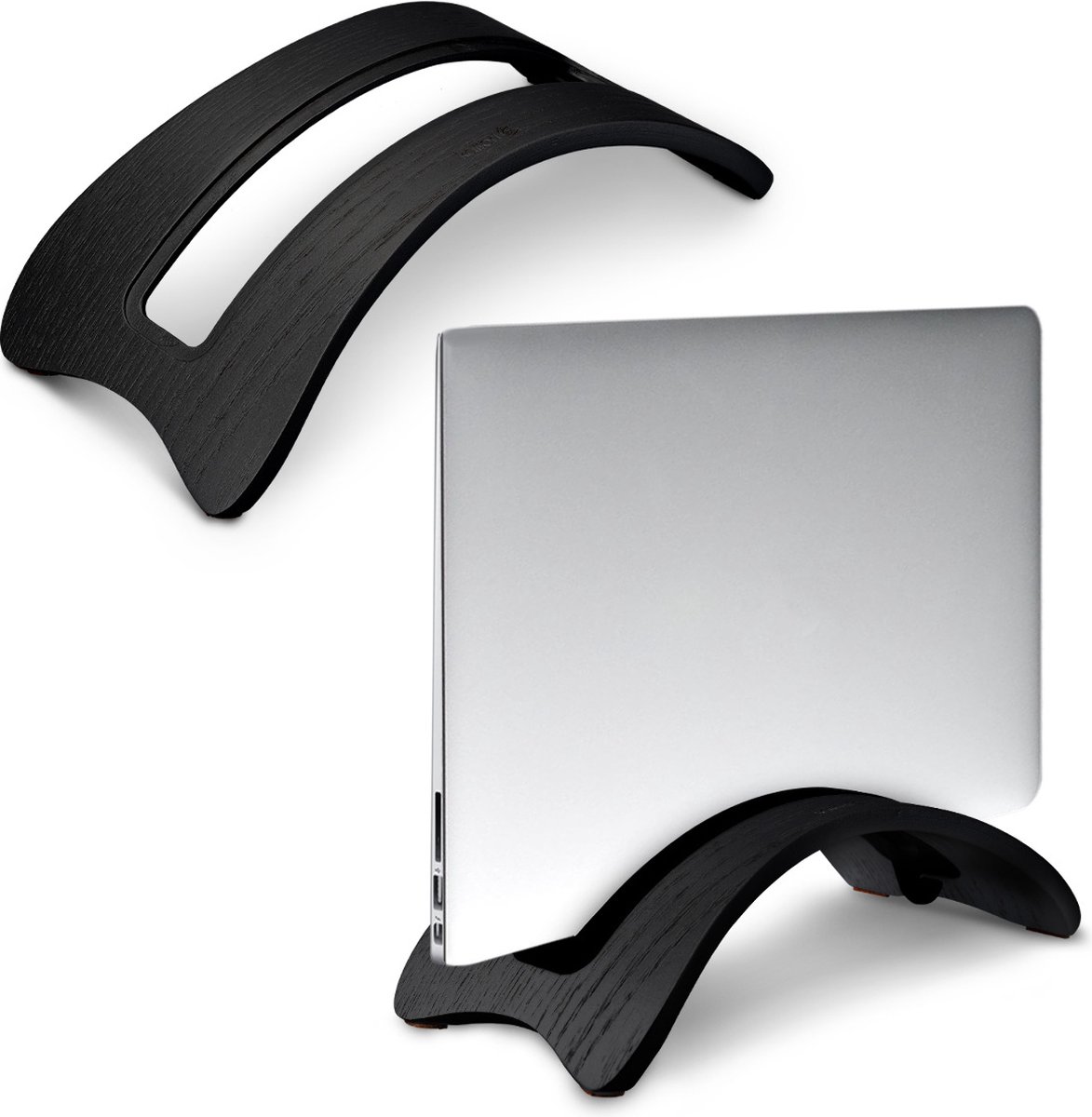 kalibri verticale laptopstandaard voor MacBook - Houten standaard - Geschikt voor laptops met 14,5 tot 16 mm dikte - Eikenhout - Zwart