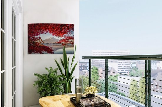Décoration de jardin Mont Fuji vu à travers les feuilles rouges au Japon - 60x40 cm - Poster jardin - Toile jardin - Poster extérieur