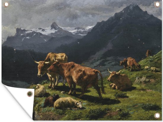 Tuin decoratie Runderen en schapen in een alpenlandschap - schilderij van Rosa Bonheur - 40x30 cm - Tuindoek - Buitenposter