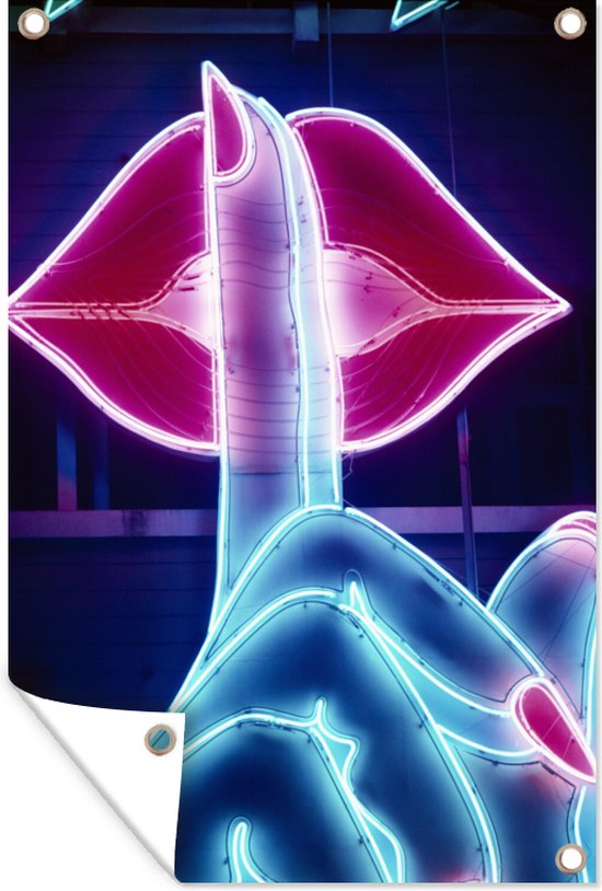 Tuinposter - Tuindoek - Tuinposters buiten - Neon bord van een vinger tegen lippen - 80x120 cm - Tuin