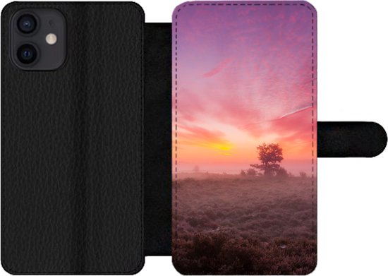 Foto: Bookcase geschikt voor iphone 12 telefoonhoesje paarse tinten in nederlands landschap met vakjes wallet case met magneetsluiting