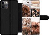 Bookcase Geschikt voor iPhone 11 Pro Max telefoonhoesje - Schotse hooglander - Collage - Bloemen - Met vakjes - Wallet case met magneetsluiting
