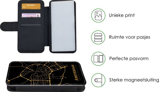 Étui pour téléphone Bookcase iPhone 13 Pro Max - Amsterdam - Carte - Or - Zwart - Avec compartiments - Étui portefeuille avec fermeture magnétique
