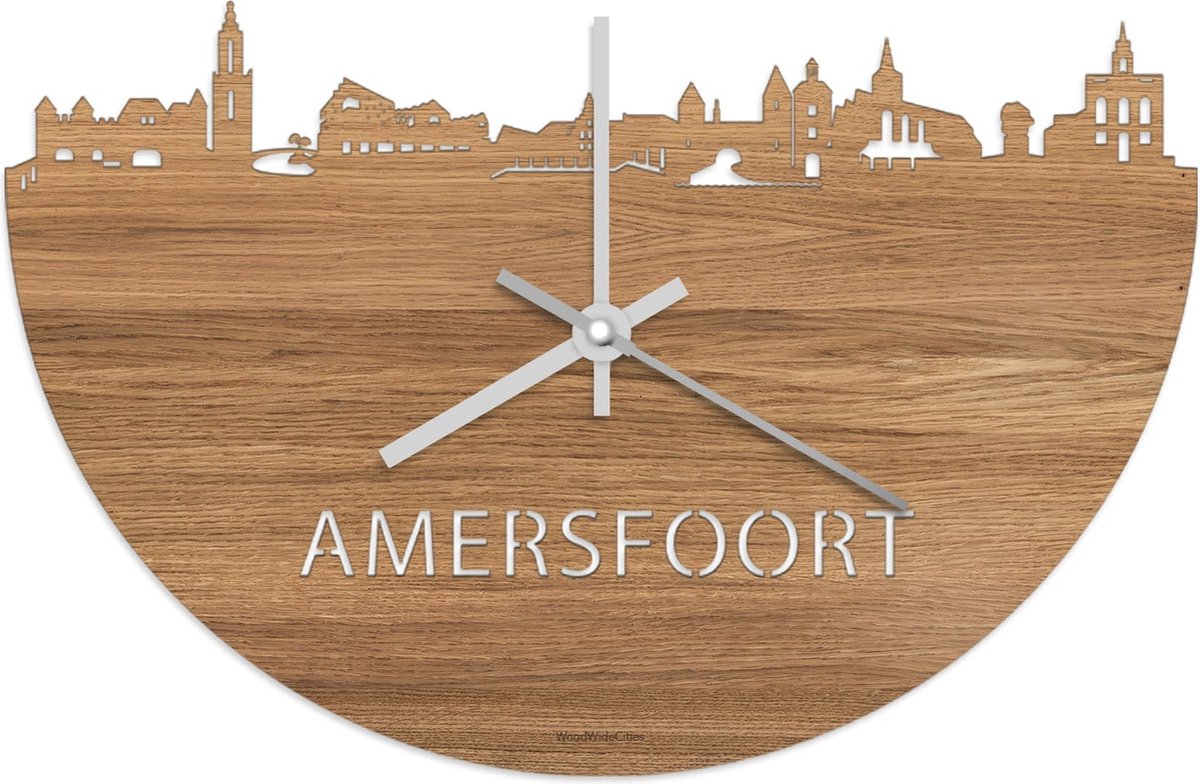 Skyline Klok Amersfoort Eikenhout - Ø 40 cm - Stil uurwerk - Wanddecoratie - Meer steden beschikbaar - Woonkamer idee - Woondecoratie - City Art - Steden kunst - Cadeau voor hem - Cadeau voor haar - Jubileum - Trouwerij - Housewarming -