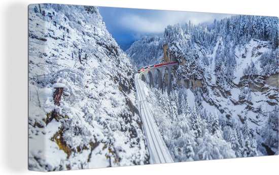 Canvas Schilderij Trein door het winterlandschap van Zwitserland - Wanddecoratie