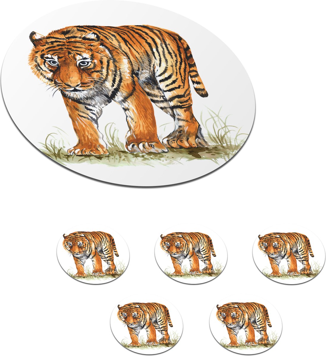 Onderzetters voor glazen - Rond - Tijger - Ogen - Gras - 10x10 cm - Glasonderzetters - 6 stuks