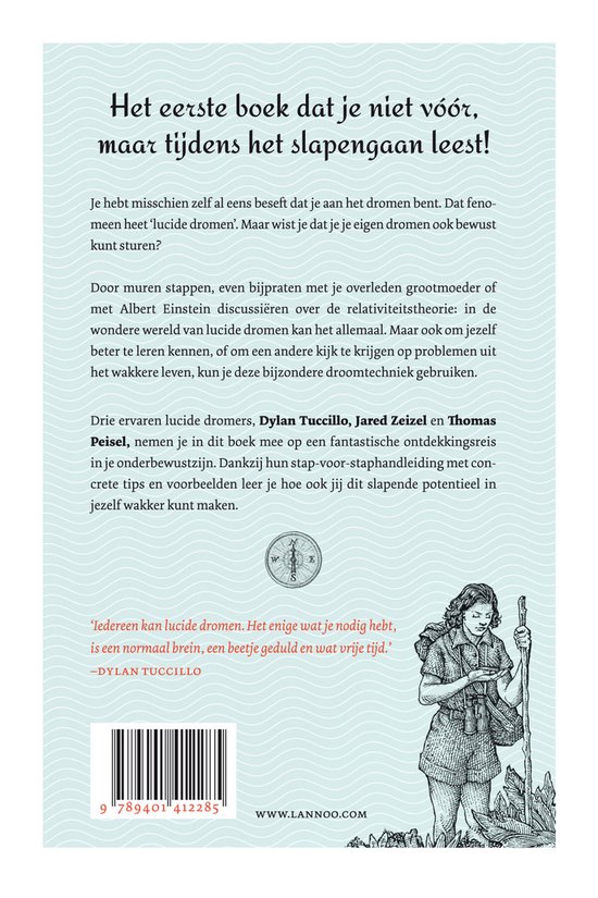 Achterkant boek "Lucide dromen - Zo doe je dat" met tekst en een illustratie van een persoon die een kompas vasthoudt.
