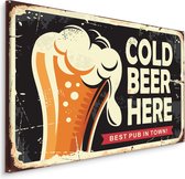 Schilderij - Retro Bord, Cold Beer Here, Premium Print op canvas