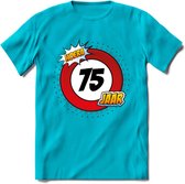 75 Jaar Hoera Verkeersbord T-Shirt | Grappig Verjaardag Cadeau | Dames - Heren | - Blauw - L