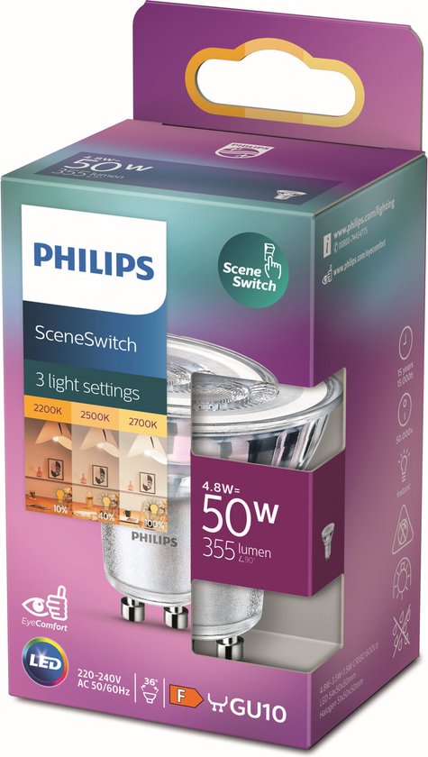Emballage de spot Philips LED SceneSwitch avec 3 réglages de lumière, 4.8W=50W, 355 lumens, GU10, classe F.