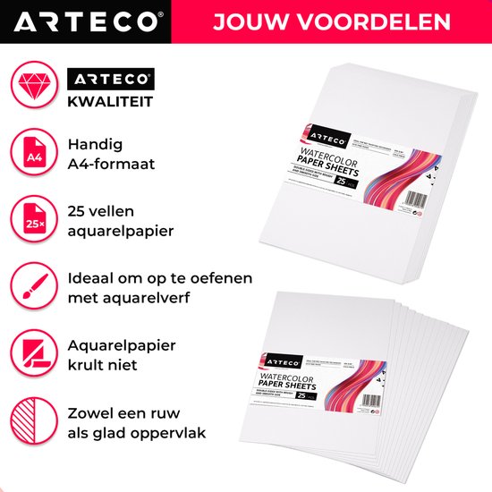ARTECO® 25 vellen Aquarelpapier – Aquarelblok – Tekenblok – 300 gr/m2 – A4 Formaat