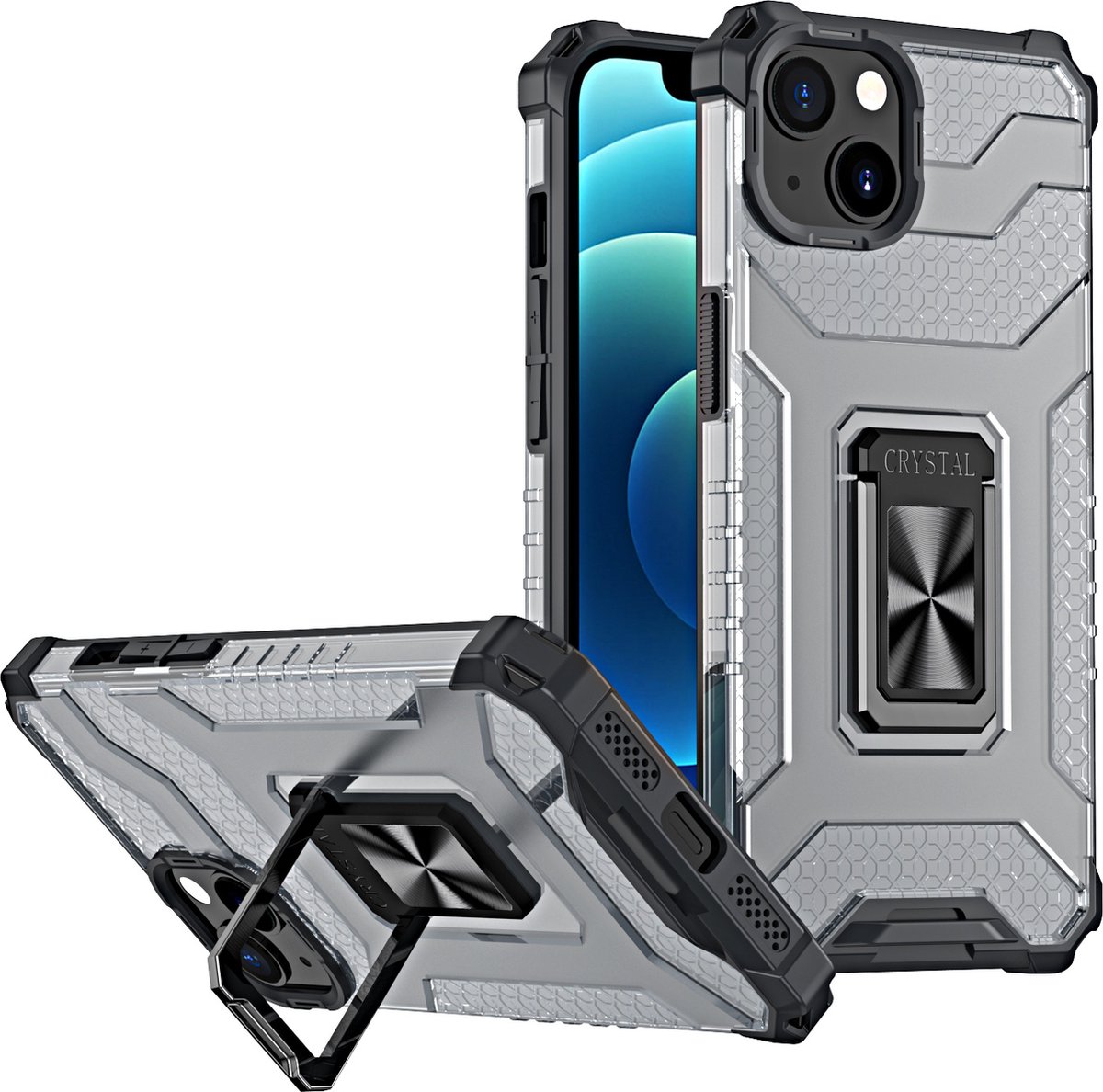 Hoesje Geschikt voor iPhone 13 Mini transparent rugged case Met Ringhouder – Zwart