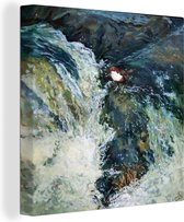 Une peinture à l'huile d'un oiseau à une petite cascade toile 90x90 cm - Tirage photo sur toile (Décoration murale salon / chambre)