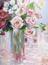 Maison de France - Canvas Olieverf schilderij - bloemen in vaas licht - olieverf - 132 × 177 cm