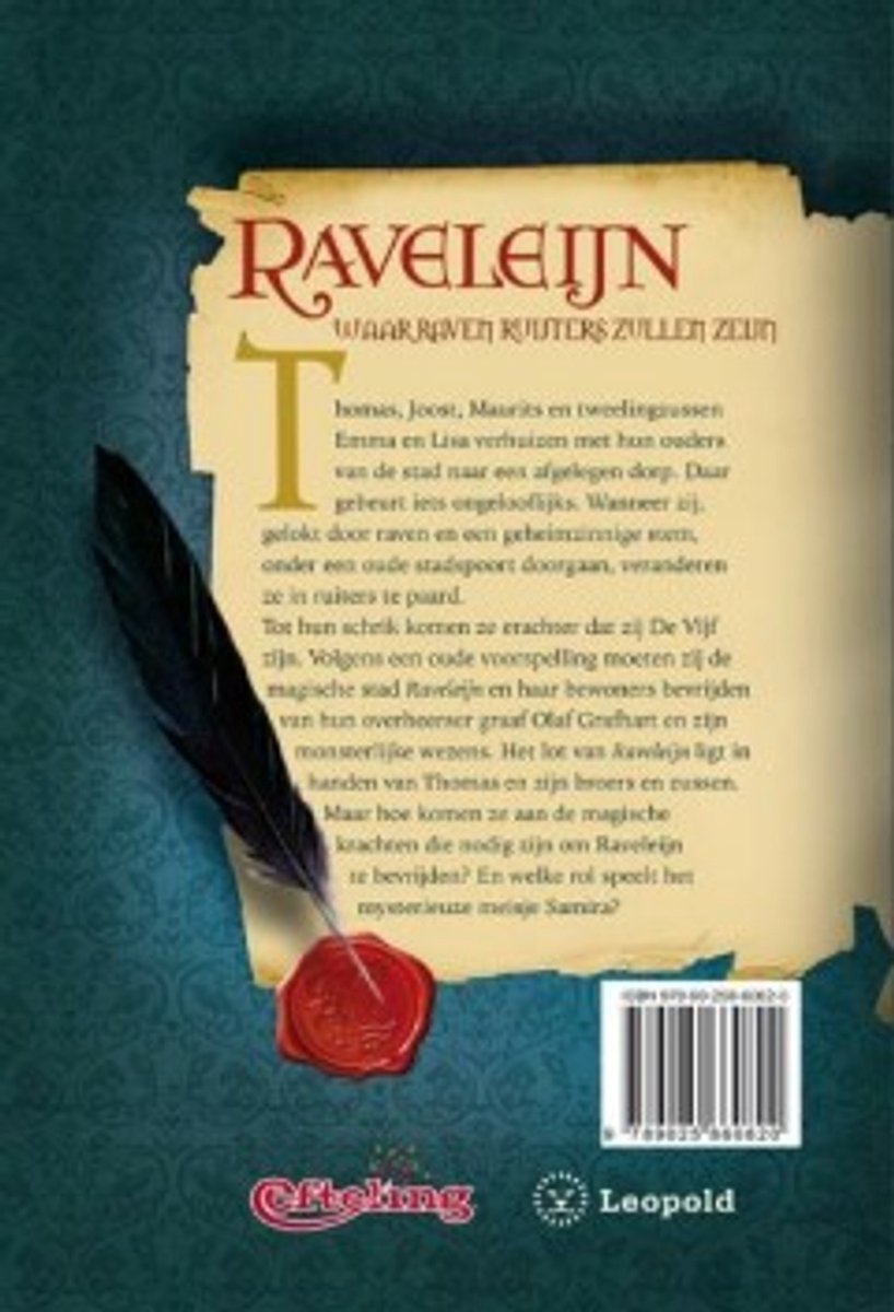 Achterkant boek 'Raveleijn' met tekst, een veer en een rode zegel.