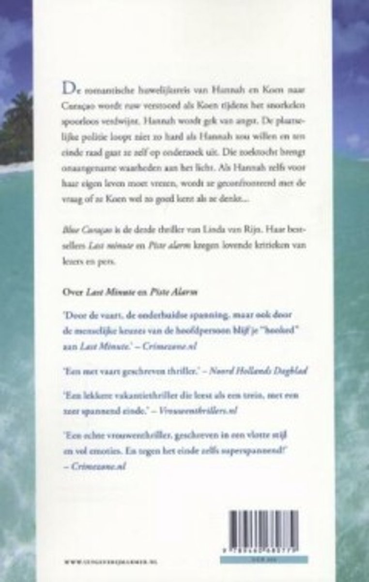 Boekpagina met tekst en een afbeelding van een strand en palmbomen.