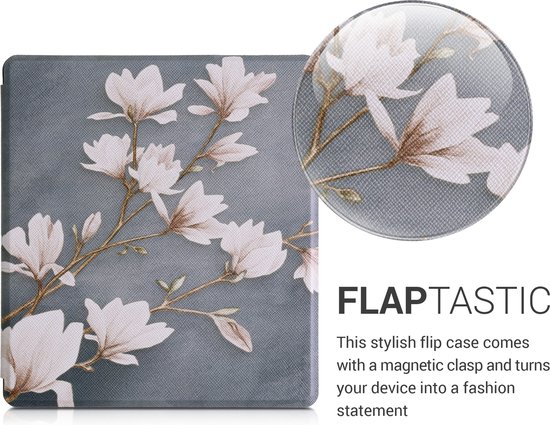 kwmobile e-reader hoesje geschikt voor Amazon Kindle Oasis 10. Generation hoes - E reader flip case met magnetische sluiting - Ereader cover - Zwart-witte bloemen design in wit / zwart van Merkloos — afbeelding 2