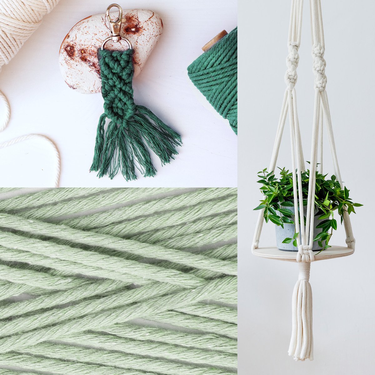 Navaris Macramé Touw 3mm, 3x100 Meter Macramé Pakket - 100% Katoen Garen - Macramé Koord & Katoenen Koord voor DIY, Wandhanger, Plantenhanger, Dromenvanger en Knutselprojecten - Wit, Lichtgroen & Groen — afbeelding 3