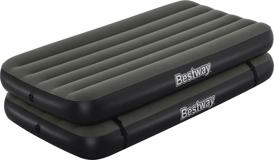 Twee op elkaar gestapelde Bestway luchtbedden in donkergrijs en zwart.