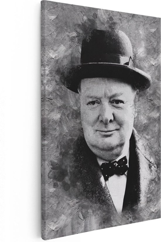 Artaza Canvas Schilderij Winston Churchill in het Zwart Wit - 60x90 - Foto Op Canvas - Wanddecoratie