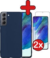 Samsung S21 FE Hoesje Siliconen Case Cover Met 2x Screenprotector - Samsung Galaxy S21 FE Hoesje Cover Hoes Siliconen Met 2x Screenprotector - Donker Blauw