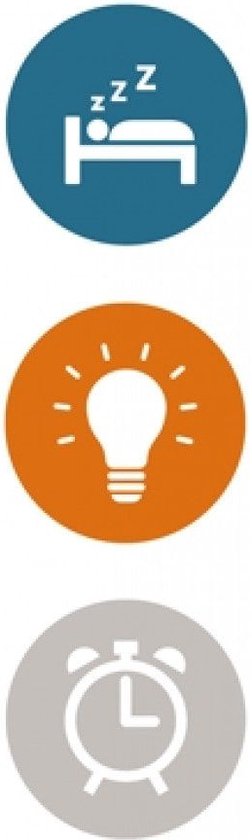 Drie iconen: bed met Zzz, gloeilamp en wekker.