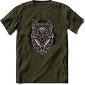 Vos - Dieren Mandala T-Shirt | Oranje | Grappig Verjaardag Zentangle Dierenkop Cadeau Shirt | Dames - Heren - Unisex | Wildlife Tshirt Kleding Kado | - Leger Groen - L