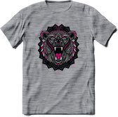 Beer - Dieren Mandala T-Shirt | Roze | Grappig Verjaardag Zentangle Dierenkop Cadeau Shirt | Dames - Heren - Unisex | Wildlife Tshirt Kleding Kado | - Donker Grijs - Gemaleerd - XL
