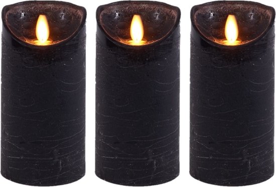 3x Zwarte LED kaarsen / stompkaarsen 15 cm - Luxe kaarsen op batterijen met bewegende vlam