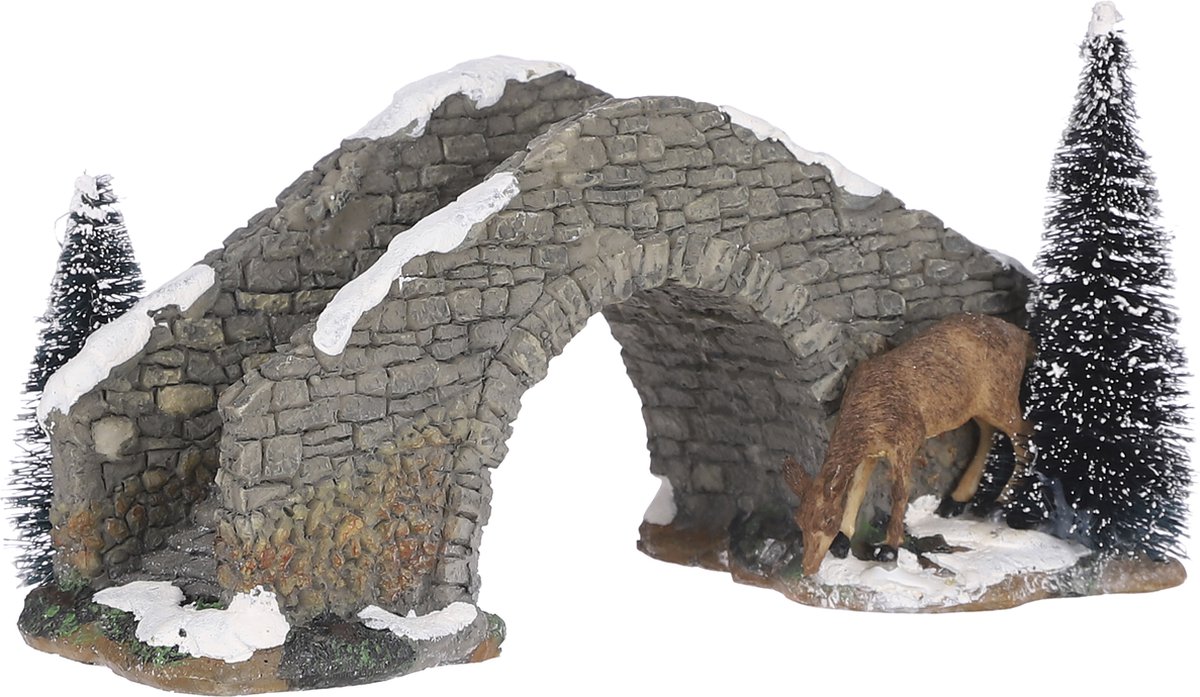 LuVille Kerstdorp Miniatuur Brug met Hert - L24 x B11,5 x H13 cm