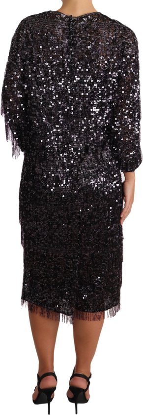 Dolce & Gabbana Black Sequined Long Sleeve Shift Midi Dress